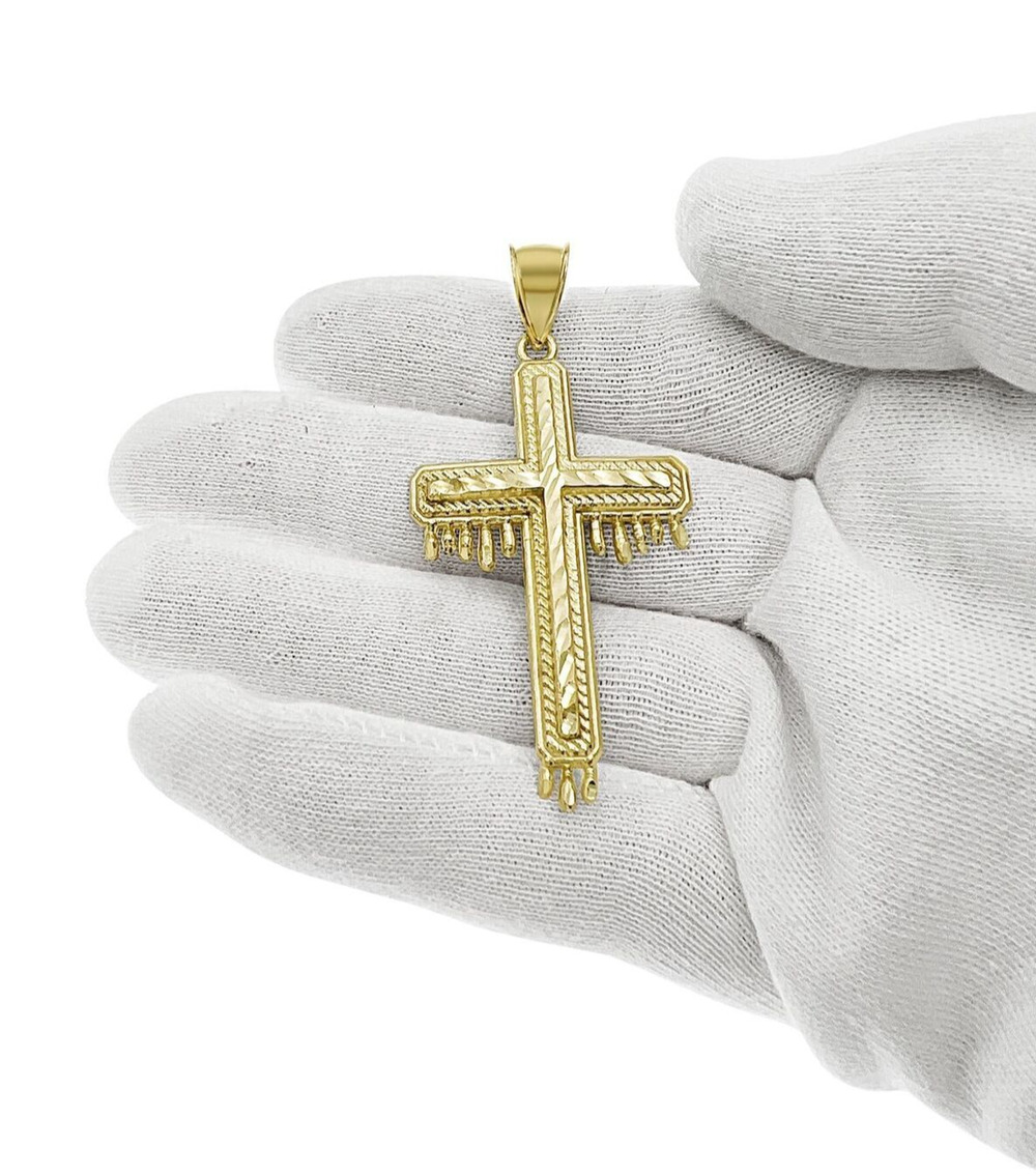 Cross Dripping Charm Mens Pendant Real 10k Yellow Gold 2.2 inch